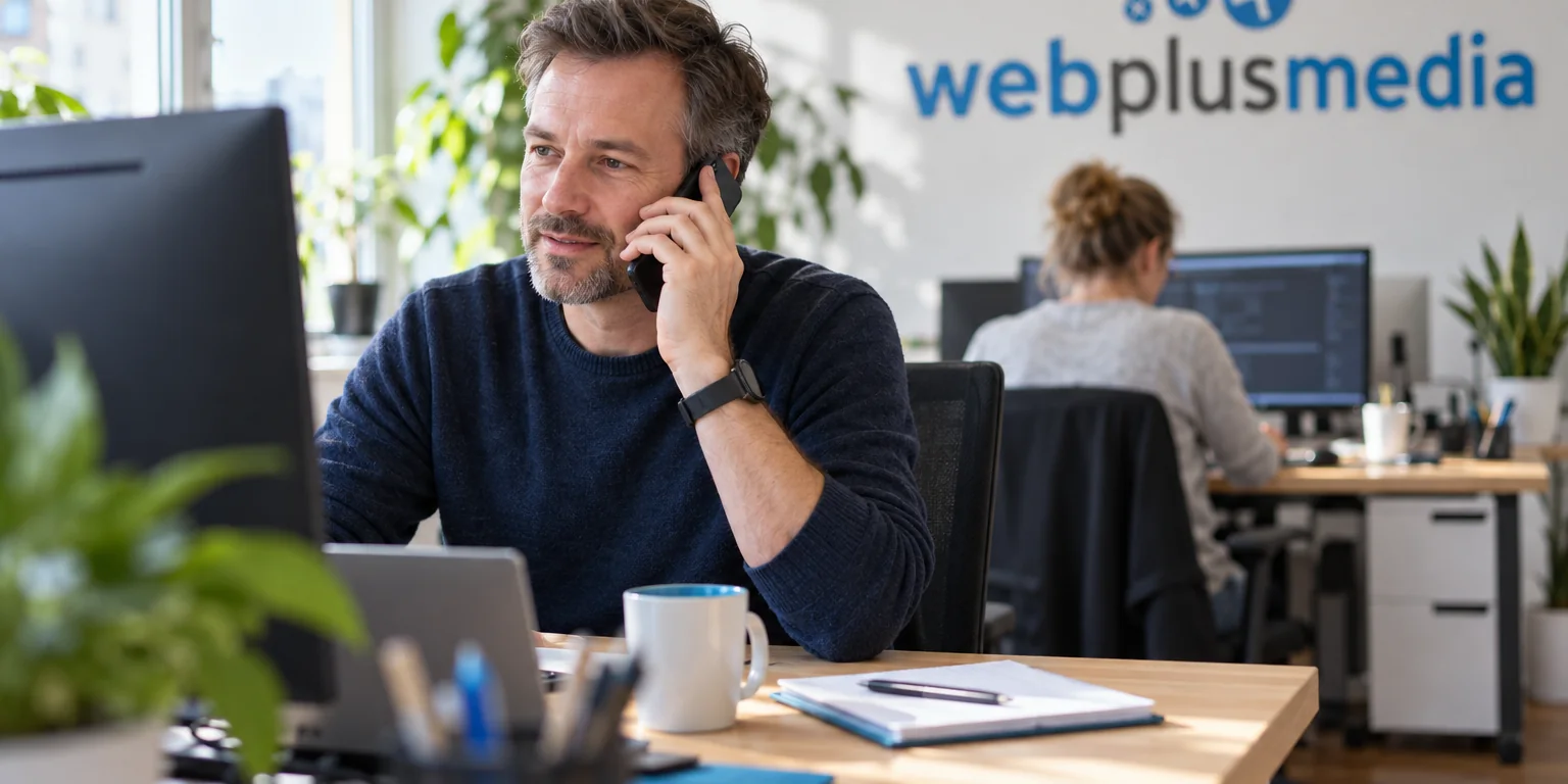 Oliver Misch telefoniert im Büro von webplusmedia in Bad Godesberg