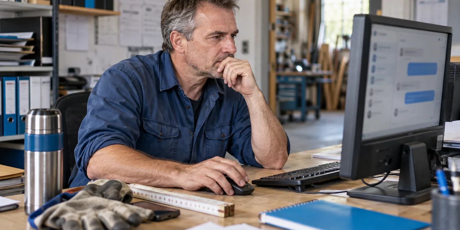 Handwerker im Büro seines Betriebs liest nachdenklich eine Chat-Antwort am Monitor, daneben Zollstock und Arbeitshandschuhe