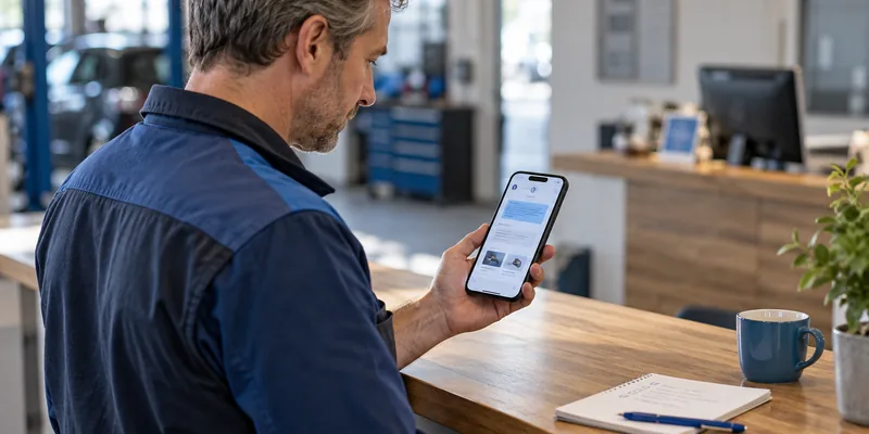 Betriebsinhaber in Arbeitsjacke prüft in seiner Werkstatt auf dem Smartphone eine KI-Antwort über seinen Betrieb