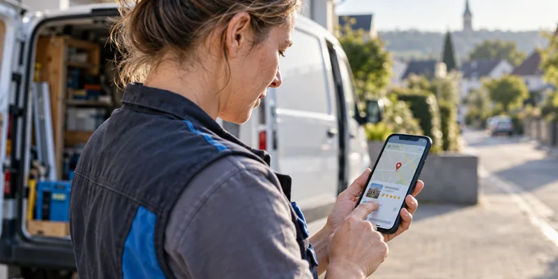 Handwerkerin vor ihrem Firmenwagen schaut auf dem Smartphone den Kartenausschnitt ihres Unternehmensprofils an