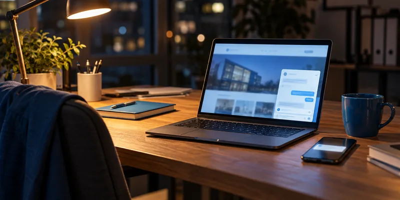 Laptop am Abend in einem leeren Büro, auf der Webseite ist ein Chat-Fenster geöffnet, daneben ein Smartphone