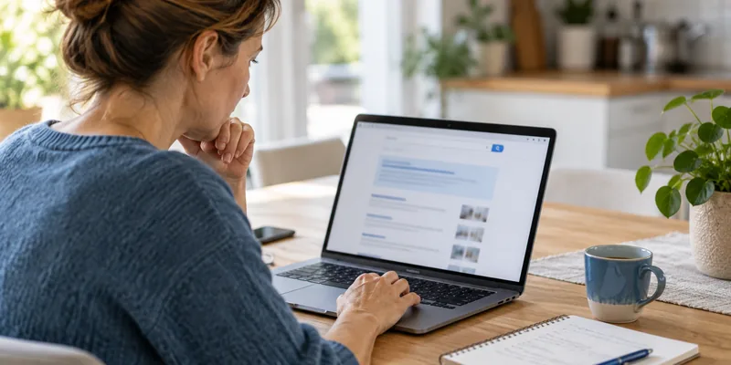 Frau am Küchentisch liest auf dem Laptop eine Suchergebnisseite mit hervorgehobener Antwort oben