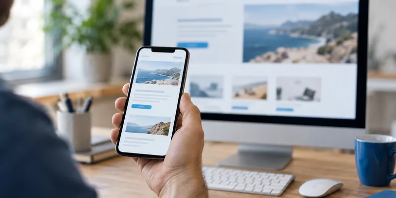 Dieselbe Webseite auf dem Smartphone im Vordergrund und in der Desktop-Ansicht auf dem Monitor dahinter