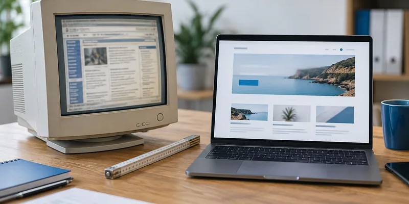 Alter Röhrenmonitor mit veralteter Webseite neben einem modernen Laptop mit neu gestalteter Seite