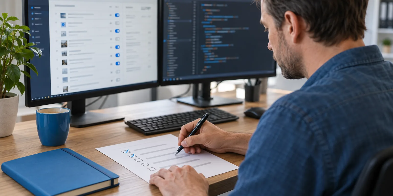 Entwickler hakt an zwei Monitoren eine gedruckte Checkliste ab, links eine Liste mit Schaltern, rechts Quellcode