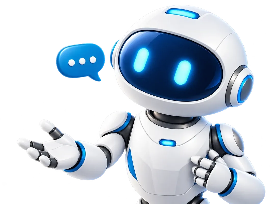 Freundlicher Roboter mit Sprechblase, der zum Gespräch einlädt